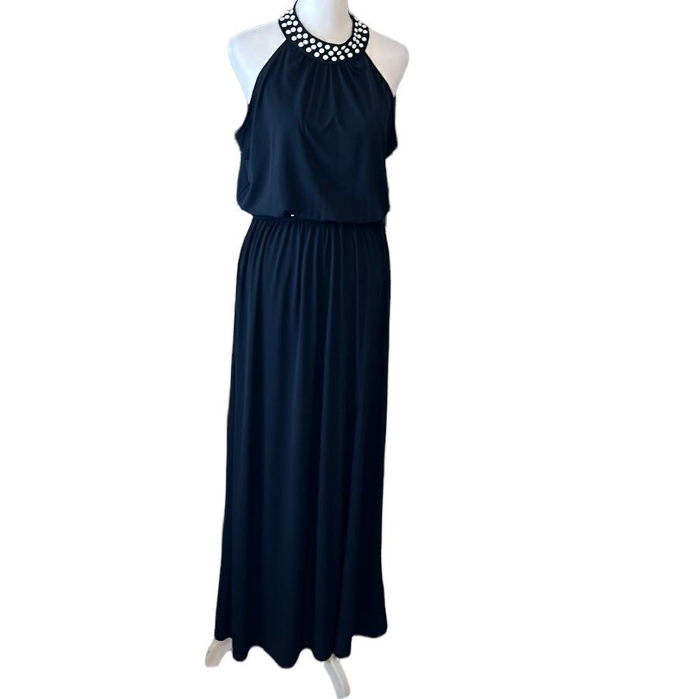 Gorgeous Micheal Kors Navy Blue Sleeveless Maxi White Beads Around Neck & Waist